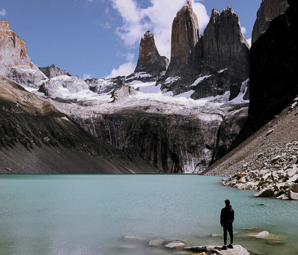 Person at the base of the Torres del Paine