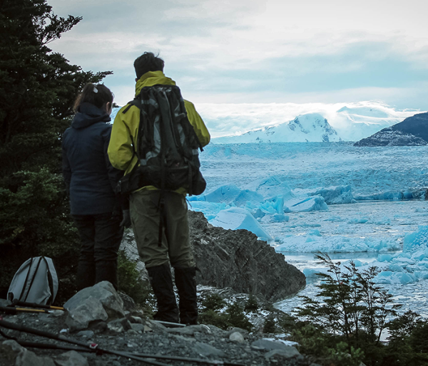 People and the Grey Glacier in Torres del Paine Park